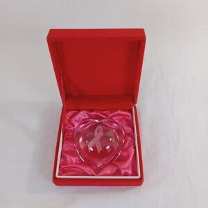 Hoya Crystal Heart Paperweight Frosted Ribbon Breast Cancer Magnifying Boxed